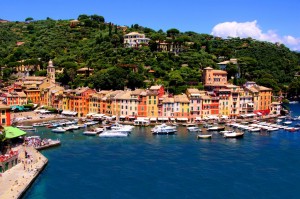 Aerial view over the famous fishing village of Portofino, Italy