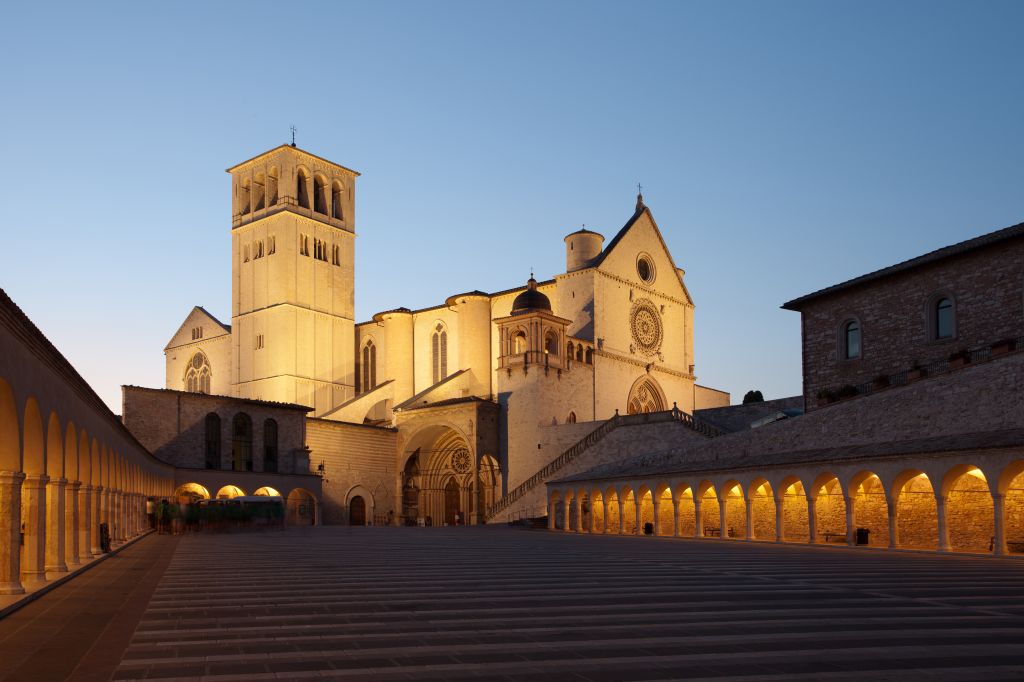 Basilica of Saint Francis of Assisi at sunset, Umbria, Italy