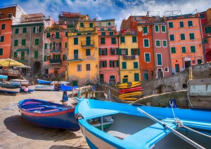 Cinque Terre, Italy. Wonderful classic view of Boats with Colourful Buildings.