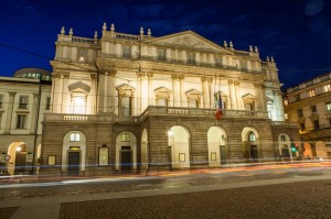 La Scala theater in the evening in Milan, Italy