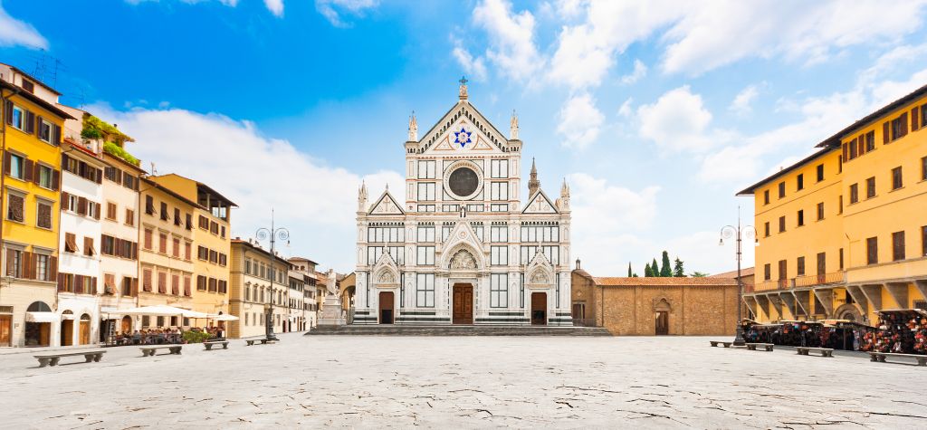 Panoramic view of Piazza Santa Croce with famous Basilica di Santa Croce in Florence, Tuscany, Italy