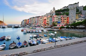Porto Venere landscape with colorful houses and the fortress (Liguria, Italy)