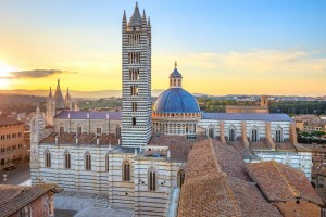 Siena aerial sunset panoramic view, Cathedral Duomo, Tuscany, Italy