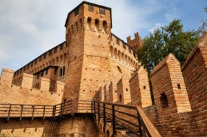 view of towers of medieval Gradara castle in Marches region of Italy