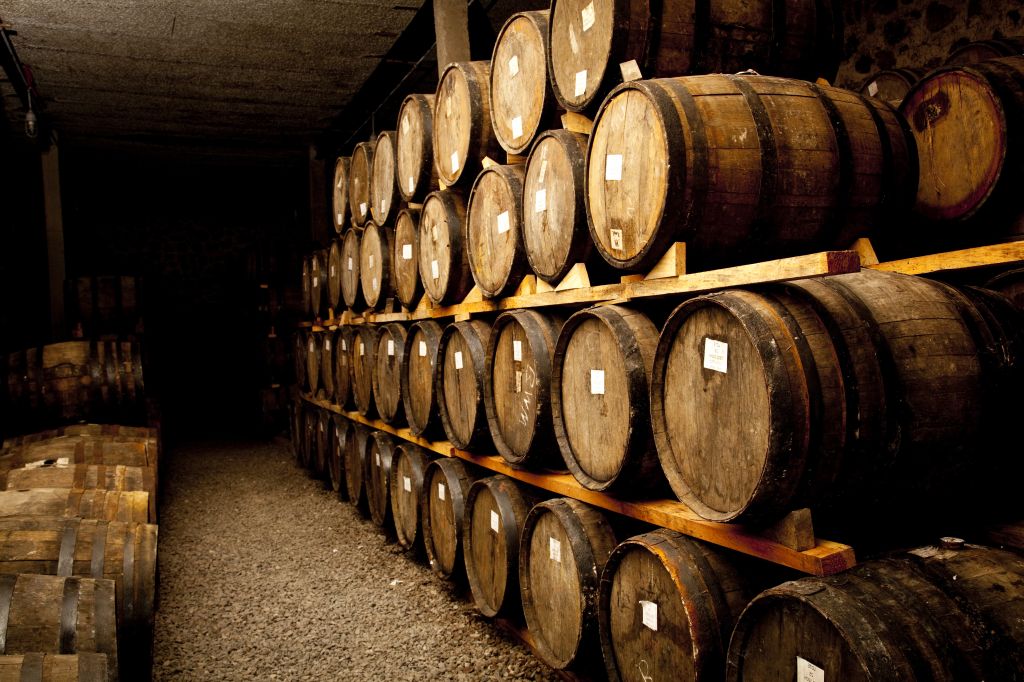 Wine barrels stacked in the old cellar of the winery, Italy