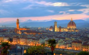 Florence city at dusk, river Arno with Ponte Vecchio, Palazzo Vecchio and Cathedral of Santa Maria del Fiore (Duomo), Florence, Italy