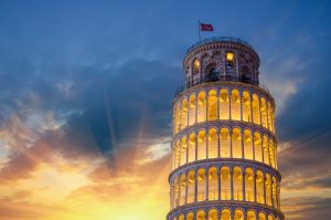 Leaning Tower of Pisa at sunset, Italy